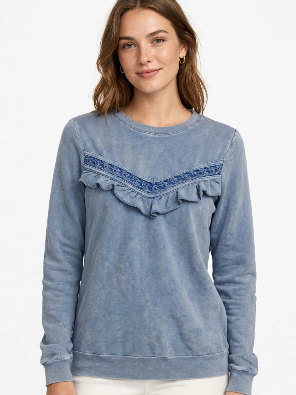 True Craft Dusty Blue Ruffle-Trim Sweatshirt